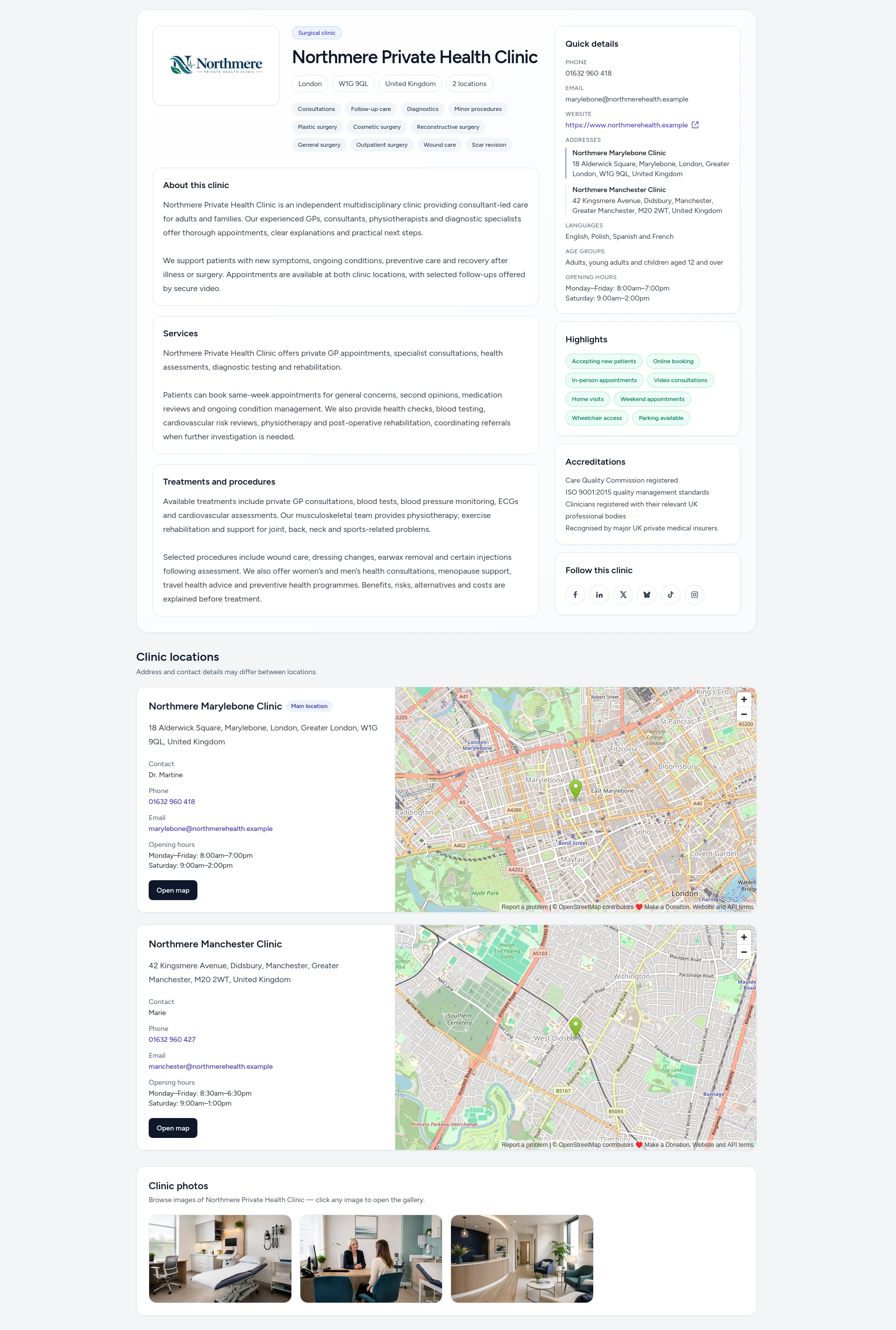 Example of a complete private clinic profile on All Health and Care