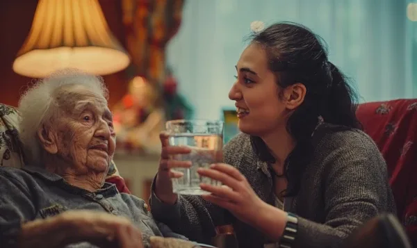 Care professional handing a glass of water to a patient.